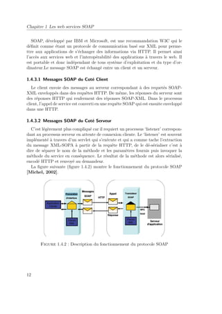 Chapitre 1 Les web services SOAP 
SOAP, développé par IBM et Microsoft, est une recommandation W3C qui le 
définit comme étant un protocole de communication basé sur XML pour perme-ttre 
aux applications de s’échanger des informations via HTTP. Il permet ainsi 
l’accès aux services web et l’interopérabilité des applications à travers le web. Il 
est portable et donc indépendant de tous système d’exploitation et du type d’or-dinateur. 
Le message SOAP est échangé entre un client et un serveur. 
1.4.3.1 Messages SOAP du Coté Client 
Le client envoie des messages au serveur correspondant à des requetés SOAP-XML 
enveloppés dans des requêtes HTTP. De même, les réponses du serveur sont 
des réponses HTTP qui renferment des réponses SOAP-XML. Dans le processus 
client, l’appel de service est converti en une requête SOAP qui est ensuite enveloppé 
dans une HTTP. 
1.4.3.2 Messages SOAP du Coté Serveur 
C’est légèrement plus compliqué car il requiert un processus ‘listener’ correspon-dant 
au processus serveur en attente de connexion cliente. Le ‘listener’ est souvent 
implémenté à travers d’un servlet qui s’exécute et qui a comme tache l’extraction 
du message XML-SOPA à partir de la requête HTTP, de le dé-sérialiser c’est à 
dire de séparer le nom de la méthode et les paramètres fournis puis invoquer la 
méthode du service en conséquence. Le résultat de la méthode est alors sérialisé, 
encodé HTTP et renvoyé au demandeur. 
La figure suivante (figure 1.4.2) montre le fonctionnement du protocole SOAP 
[Michel, 2002]. 
Figure 1.4.2 : Description du fonctionnement du protocole SOAP 
12 
 