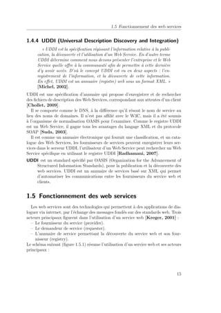 1.5 Fonctionnement des web services 
1.4.4 UDDI (Universal Description Discovery and Integration) 
« UDDI est la spécification régissant l’information relative à la publi-cation, 
la découverte et l’utilisation d’un Web Service. En d’autre terme 
UDDI détermine comment nous devons présenter l’entreprise et le Web 
Service quelle offre à la communauté afin de permettre à cette dernière 
d’y avoir accès. D’où le concept UDDI est vu en deux aspects : l’en-registrement 
de l’information, et la découverte de cette information. 
En effet, UDDI est un annuaire (registre) web sous un format XML. » 
[Michel, 2002]. 
UDDI est une spécification d’annuaire qui propose d’enregistrer et de rechercher 
des fichiers de description desWeb Services, correspondant aux attentes d’un client 
[Chollet, 2009]. 
Il se comporte comme le DNS, à la différence qu’il résout le nom de service au 
lieu des noms de domaines. Il n’est pas affilié avec le W3C, mais il a été soumis 
à l’organisme de normalisation OASIS pour l’examiner. Comme le registre UDDI 
est un Web Service, il gagne tous les avantages du langage XML et du protocole 
SOAP [Suda, 2003]. 
Il est comme un annuaire électronique qui fournit une classification, et un cata-logue 
des Web Services, les fournisseurs de services peuvent enregistrer leurs ser-vices 
dans le serveur UDDI, l’utilisateur d’un Web Service peut rechercher un Web 
Service spécifique en utilisant le registre UDDI [Radhamani, 2007]. 
UDDI est un standard spécifié par OASIS (Organization for the Advancement of 
Structured Information Standards), pour la publication et la découverte des 
web services. UDDI est un annuaire de services basé sur XML qui permet 
d’automatiser les communications entre les fournisseurs du service web et 
clients. 
1.5 Fonctionnement des web services 
Les web services sont des technologies qui permettent à des applications de dia-loguer 
via internet, par l’échange des messages fondés sur des standards web. Trois 
acteurs principaux figurent dans l’utilisation d’un service web [Kreger, 2001] : 
– Le fournisseur du service (provider). 
– Le demandeur de service (requester). 
– L’annuaire de service permettant la découverte du service web et son four-nisseur 
(registry). 
Le schéma suivant (figure 1.5.1) résume l’utilisation d’un service web et ses acteurs 
principaux : 
15 
 