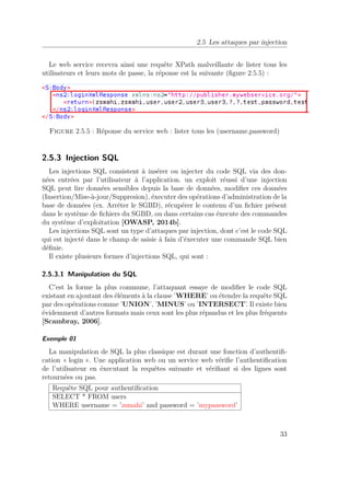 2.5 Les attaques par injection 
Le web service recevra ainsi une requête XPath malveillante de lister tous les 
utilisateurs et leurs mots de passe, la réponse est la suivante (figure 2.5.5) : 
Figure 2.5.5 : Réponse du service web : lister tous les (username,password) 
2.5.3 Injection SQL 
Les injections SQL consistent à insérer ou injecter du code SQL via des don-nées 
entrées par l’utilisateur à l’application. un exploit réussi d’une injection 
SQL peut lire données sensibles depuis la base de données, modifier ces données 
(Insertion/Mise-à-jour/Suppresion), éxecuter des opérations d’administration de la 
base de données (ex. Arréter le SGBD), récupérer le contenu d’un fichier présent 
dans le système de fichiers du SGBD, ou dans certains cas éxecute des commandes 
du système d’exploitation [OWASP, 2014b]. 
Les injections SQL sont un type d’attaques par injection, dont c’est le code SQL 
qui est injecté dans le champ de saisie à fain d’éxecuter une commande SQL bien 
définie. 
Il existe plusieurs formes d’injections SQL, qui sont : 
2.5.3.1 Manipulation du SQL 
C’est la forme la plus commune, l’attaquant essaye de modifier le code SQL 
existant en ajoutant des éléments à la clause ’WHERE’ ou étendre la requête SQL 
par des opérations comme ’UNION’, ’MINUS’ ou ’INTERSECT’. Il existe bien 
évidemment d’autres formats mais ceux sont les plus répandus et les plus fréquents 
[Scambray, 2006]. 
Exemple 01 
La manipulation de SQL la plus classique est durant une fonction d’authentifi-cation 
« login ». Une application web ou un service web vérifie l’authentification 
de l’utilisateur en éxecutant la requêtes suivante et vérifiant si des lignes sont 
retournées ou pas. 
Requête SQL pour authentification 
SELECT * FROM users 
WHERE username = ’zsmahi’ and password = ’mypassword’ 
33 
 