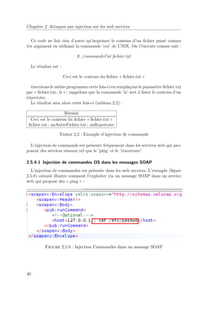 Chapitre 2 Attaques par injection sur les web services 
Ce code ne fait rien d’autre qu’imprimer le contenu d’un fichier passé comme 
1er argument en utilisant la commande ’cat’ de UNIX. On l’éxecute comme suit : 
$ ./commandeCat fichier.txt 
Le résultat est : 
Ceci est le contenu du fichier « fichier.txt » 
éxecutons le même programme cette fois-ci en remplaçons le paramètre fichier.txt 
par « fichier.txt ; ls » ; rappelons que la commande ’ls’ sert à lister le contenu d’un 
répertoire. 
Le résultat sera alors cette fois-ci (tableau 2.2) : 
Résulat 
Ceci est le contenu du fichier « fichier.txt » 
fichier.txt ; unAutreFichier.txt ; unRepertoire 
Table 2.2 : Exemple d’injection de commande 
L’injection de commande est présente fréquement dans les services web qui pro-posent 
des services réseaux tel que le ’ping’ et le ’traceroute’. 
2.5.4.1 Injection de commandes OS dans les messages SOAP 
L’injection de commandes est présente dans les web services. L’exemple (figure 
2.5.8) suivant illustre comment l’exploiter via un message SOAP dans un service 
web qui propose des « ping » : 
Figure 2.5.8 : Injection Commandes dans un message SOAP 
40 
 