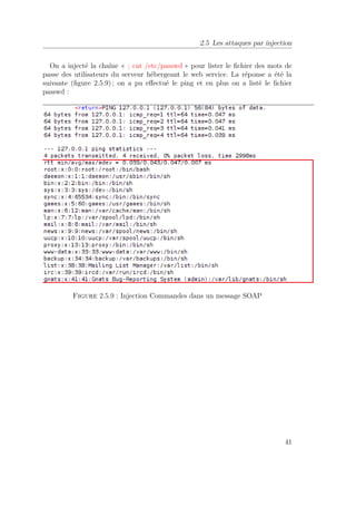 2.5 Les attaques par injection 
On a injecté la chaîne « ; cat /etc/passwd » pour lister le fichier des mots de 
passe des utilisateurs du serveur hébergeant le web service. La réponse a été la 
suivante (figure 2.5.9) ; on a pu effectué le ping et en plus on a listé le fichier 
passwd : 
Figure 2.5.9 : Injection Commandes dans un message SOAP 
41 
 