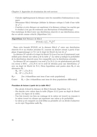 Chapitre 3 Approches de sécurisation des web services 
– Calculer algébriquement la distance entre les ensembles d’informations à com-parer. 
– Déterminer Khi-2 théorique (déduire la distance critique à l’aide d’une table 
de 2 ). 
– Conclure si cette distance est supérieure à la distance critique (on conclut que 
le résultat n’est pas dû seulement aux fluctuations d’échantillonnage). 
Une statistique de khi-2 entre une distribution observée et une distribution atten-due 
se calcule comme celui-là (Algorithme 3.4) : 
Algorithme 3.1 Distance de Khi-2 
D2(O,E)=PNi 
=1 
(Oi−Ei)2 
Ei 
Dans cette formule D²(O,E) est la distance Khi-2 2 entre une distribution 
observée O et un résultat attendue E ( souvent un dataset extrait à partir d’une 
phase d’apprentissage) et N-1 est le degré de liberté du test de 2. 
La distance D² calculé et le degré de liberté N-1(cas d’un test d’ajustement) sont 
utilisés pour obtenir une valeur p de la table 2. La valeur p indique la probabilité 
de la distribution observée pour être compatible avec la distribution attendue. 
La distance D² est comparée à un seuil 2(,N-1) (( est généralement pris 0.05 
(ou erreur à 95%) , 2(,N-1) est le seuil de décision pour une distribution 2 
avec un degré de liberté de N-1.) Deux hypothèses sont posées alors H0 et son 
alternative H1 : 
– H0 : D²  2(,N-1) 
– H1 : D²  2(,N-1) 
H0= {les i échantillons sont issus d’une seule population} 
Contre H1 = {les i échantillons sont issus de deux populations différentes} 
Procédure de lecture à partir de La table Khi-2 
– On calcule d’abord la distance de Khi-2 (formule Algorithme 1.4). 
– On cherche cette valeur dans la table (Figure 3.3.1) pour un degré de liberté 
précis ( les lignes de la table). 
– Une fois trouvée (ou bien un voisinage de la valeur est trouvé) on remonte à 
la valeur trouvé en colonne qui représente une valeur p de probabilité. 
– la valeur p est comparée au seuil défini au préalable et on décide d’admettre 
ou de rejet l’hypothèse nulle H0. 
46 
 