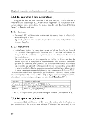 Chapitre 3 Approches de sécurisation des web services 
3.3.3 Les approches à base de signatures 
Ces approches sont les plus anciennes et les plus basiques. Elles consistent à 
rechercher dans les messages SOAP entrants les empreintes ou les signature d’at-taques 
connues. Cette approches a été utilisée dans les IDS (Intrusion Detection 
System) et dans les antivirus. 
3.3.3.1 Avantages : 
– Un firewall XML utilisant cette approche est facilement conçu et développée 
et maintenu par la suite. 
– Il permet également une classification relativement facile de la criticité des 
attaques signalées. 
3.3.3.2 Inconvénients : 
– L’incovénient majeur de cette approche est qu’elle est limitée, un firewall 
XML utilisant cette approche est purement réactif, il ne peut détécter que les 
attaques dont il posséde déjà la signature, de ce fait, il nécessite des mises à 
jour quotidiennes. 
– Un autre inconvénient de cette approche est qu’elle est bonne que l’est la 
base de signature, si les signatures sont erronées ou incorrectement conçues le 
systèmes est inefficace, c’est pourquoi ces systèmes sont souvent contournés 
par les pirates qui utilisent des techniques d’évasion qui consistent à camoufler 
les attaques utilisées. Ces techniques de camouflage ont tendance à faire varier 
les signatures des attaques qui ainsi ne sont par reconnues par le firewall XML. 
Les signatures sont souvent représentées par des formats compacts tel que les ex-pressions 
régulières. Ci-dessous (tableau 3.2) quelques expressions régulières util-isées 
afin de bloquer quelques attaques par injection [Mookhey, 2004] : 
Inejction Expression régulières 
« ’ »,« ## » /(%27)|(’)|(--)|(%23)|(#)/ix 
« or » /w*((%27)|(’))((%6F)|o|(%4F))((%72)|r|(%52))/ix 
« exec » /exec(s|+)+(s|x)pw+/ix 
Table 3.2 : Signature de quelques attaques par inejction (cas injection SQL) 
3.3.4 Les approches probabilistes 
Nous avons défini précédement ; la 1ère approche utilisée afin de sécuriser les 
web services contre les attaques par injection (l’approche par signature), et ses 
48 
 
