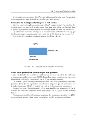 4.4 Le noyeau d’administration 
Les templates de messsages SOAP seront utilisées par la suite pour l’acquisition 
des requêtes autorisées depuis le serveur http du web service. 
Acquisiteur de messages autorisés pour le web service 
Une fois on a les templates des messages SOAP, on procédera à l’acquisition des 
bons messages de notre web service, cette liste sera mise à jour par la suite dans 
la phase de protection chaque fois qu’un message SOAP autorisé est intércépté. 
On admet que le serveur hébérgeant le web service ne contient dans son log que 
des bons messages, généralement ceux testés par le développeur du web service. 
Le schéma de ce module est décrit comme suit Figure 4.4.5 : 
Figure 4.4.5 : Acquisiteur de requêtes autorisées 
Caclul des n-grammes et vecteur moyen de n-grammes 
Une fois la liste des requêtes est obtenue on procéde au calcul des différents 
n-grammes pour chaque message SOAP. Rappelons qu’un n-gramme est une sous-séquence 
de n éléments construite à partir d’une séquence donnée. 
On extrait à partir de chaque message autorisé tous les n-grammes de caractères 
possibles. Pour chaque n-grammes on calcule sa fréquence qui est normalisée par 
la taille du message SOAP et on crée un vecteur de fréquence de n-grammes. 
Nota qu’on aura ; théoriquement ; (256)n cas possibles de n-grammes ( 256 le 
nombre de caractères possibles selon l’encodage ASCII) pour chaque message 
SOAP. 
Nous avons constaté que le nombre maximum des n-grammes possible i.e. (256)n 
ne sera jamais atteint ; donc on ne va présenter que les n-grammes présents. 
65 
 