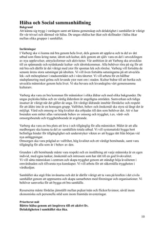 Hälsa och Social sammanhållning
Bakgrund
Att känna sig trygg i vardagen samt att känna gemenskap och delaktighet i samhället är viktigt
för vår trivsel och därmed vår hälsa. De ungas ohälsa har ökat och skillnader i hälsa ökar
mellan olika grupper i samhället.
Inriktningar
I Varberg ska vi kunna må bra genom hela livet, dels genom att uppleva och ta del av det
utbud som finns kring natur, idrott och kultur, dels genom att själv vara en del i utvecklingen
av nya upplevelser, uttrycksformer och aktiviteter. Vår ambition är att Varberg ska utvecklas
till en spännande och nytänkande kultur- och idrottskommun. Alla behöver röra på sig för att
må bra och därför är det viktigt med ytor för spontan lek och rörelse. Varberg vill fortsätta de
senaste årens stora satsningar på idrotten. Vi vill även fortsätta satsningarna på att utveckla
lek- och mötesplatser i stadsområdet och i våra tätorter. Vi vill arbeta för en hållbar
stadsplanering med gröna och levande ytor runt om i staden. Kultur bidrar till att berika och
utveckla människor genom hela livet. Vi ska bevara och levandegöra vårt gemensamma
kulturarv.
Varberg ska vara en bra kommun för människor i olika åldrar och med olika bakgrunder. De
ungas psykiska hälsa och en värdig ålderdom är angelägna områden. Samverkan och tidiga
insatser är viktigt när det gäller de unga. Ett värdigt åldrande innebär förståelse och respekt
för att äldre inte är en homogen grupp. Valfrihet, behov och önskemål ska styra så långt det är
möjligt. Vård och omsorg av hög kvalitet ska erbjudas till den som behöver det. Att vi har
boenden som möter allas varierande behov av omsorg och trygghet, t.ex. vård- och
omsorgsboende och trygghetsboende är avgörande.
Varberg ska vara en bra plats att leva i och tillgänglig för alla människor. Målet är att alla
medborgare ska kunna ta del av samhällets totala utbud. Vi vill systematiskt bygga bort
befintliga hinder för tillgänglighet och understryker vikten av att bygga rätt från början vid
nya anläggningar.
Omsorgen ska vara präglad av valfrihet, hög kvalitet och ett värdigt bemötande, samt vara
tillgänglig för alla som är i behov av den.
Grunden i allt bemötande måste vara respekt och en inställning att varje människa är en egen
individ, med egna tankar, önskemål och intressen som har rätt till en god livskvalitet.
Vi vill sätta människan i centrum och skapa trygghet genom att ständigt höja kvaliteten i
omvårdnaden och tillvarata nya kunskaper. Vi vill arbeta för att säkerställa tryggheten i
vårdkedjan.
Samhället ska utgå från invånarna och det är därför viktigt att ta vara på kraften i det civila
samhället genom att uppmuntra och skapa samarbeten med föreningar och organisationer. Vi
behöver samverka för att bygga ett bra samhälle.
Resurserna måste fördelas jämställt mellan pojkar/män och flickor/kvinnor, såväl inom
ekonomiska och personella stöd som inom framtida investeringar.
Prioriterat mål
Bättre hälsa genom att inspirera till ett aktivt liv.
Delaktigheten i samhället ska öka.
10
 