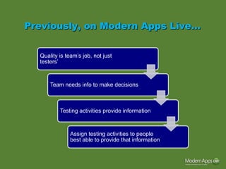 Previously, on Modern Apps Live…


  Quality is team’s job, not just
  testers’



      Team needs info to make decisions



          Testing activities provide information



               Assign testing activities to people
               best able to provide that information
 