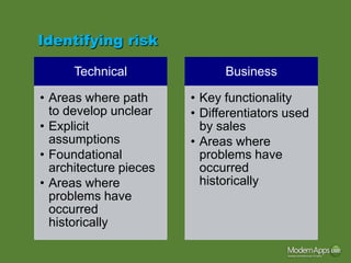 Identifying risk

      Technical               Business

• Areas where path      • Key functionality
  to develop unclear    • Differentiators used
• Explicit                by sales
  assumptions           • Areas where
• Foundational            problems have
  architecture pieces     occurred
• Areas where             historically
  problems have
  occurred
  historically
 
