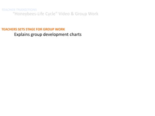 TEACHER TRANSITIONS
     “Honeybees-Life Cycle” Video & Group Work


TEACHERS SETS STAGE FOR GROUP WORK
      Explains group development charts
 