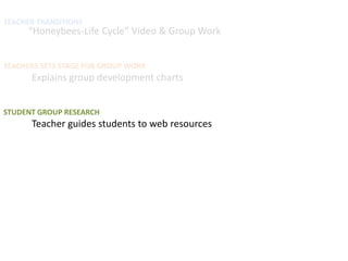 TEACHER TRANSITIONS
     “Honeybees-Life Cycle” Video & Group Work


TEACHERS SETS STAGE FOR GROUP WORK
      Explains group development charts


STUDENT GROUP RESEARCH
      Teacher guides students to web resources
 