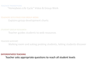 TEACHER TRANSITIONS
      “Honeybees-Life Cycle” Video & Group Work


TEACHERS SETS STAGE FOR GROUP WORK
      Explains group development charts


STUDENT GROUP RESEARCH
      Teacher guides students to web resources

TEACHER SUPPORT
      Walking room and asking probing students, letting students discover


DIFFERENTIATED TEACHING
    Teacher asks appropriate questions to reach all student levels
 