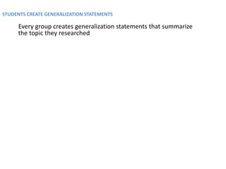 STUDENTS CREATE GENERALIZATION STATEMENTS

     Every group creates generalization statements that summarize
     the topic they researched
 