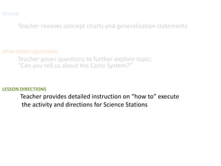 REVIEW

      Teacher reviews concept charts and generalization statements


OPEN-ENDED QUESTIONS:
      Teacher poses questions to further explore topic:
      “Can you tell us about the Caste System?”


LESSON DIRECTIONS
         Teacher provides detailed instruction on “how to” execute
          the activity and directions for Science Stations
 