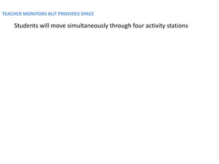 TEACHER MONITORS BUT PROVIDES SPACE

    Students will move simultaneously through four activity stations
 