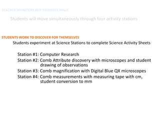 TEACHER MONITORS BUT PROVIDES SPACE

    Students will move simultaneously through four activity stations


STUDENTS WORK TO DISCOVER FOR THEMSELVES
     Students experiment at Science Stations to complete Science Activity Sheets

        Station #1: Computer Research
        Station #2: Comb Attribute discovery with microscopes and student
                    drawing of observations
        Station #3: Comb magnification with Digital Blue QX microscopes
        Station #4: Comb measurements with measuring tape with cm,
                    student conversion to mm
 