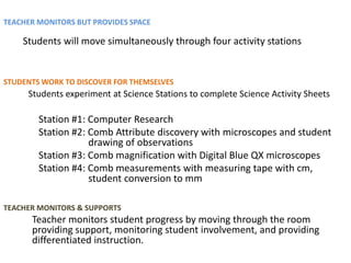 TEACHER MONITORS BUT PROVIDES SPACE

    Students will move simultaneously through four activity stations


STUDENTS WORK TO DISCOVER FOR THEMSELVES
     Students experiment at Science Stations to complete Science Activity Sheets

        Station #1: Computer Research
        Station #2: Comb Attribute discovery with microscopes and student
                    drawing of observations
        Station #3: Comb magnification with Digital Blue QX microscopes
        Station #4: Comb measurements with measuring tape with cm,
                    student conversion to mm

TEACHER MONITORS & SUPPORTS
      Teacher monitors student progress by moving through the room
      providing support, monitoring student involvement, and providing
      differentiated instruction.
 