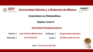 Universidad Abierta y a Distancia de México
Licenciatura en Matemáticas
Álgebra Lineal II
Juan Antonio Molina Aca
Matrícula | ES1410902374
Alumno |
Actividad Complementaria
Virginia Haro Sánchez
MT-MALI2-2201-B1-001
Facilitador |
Grupo |
Fecha | 28 de marzo del 2022
 