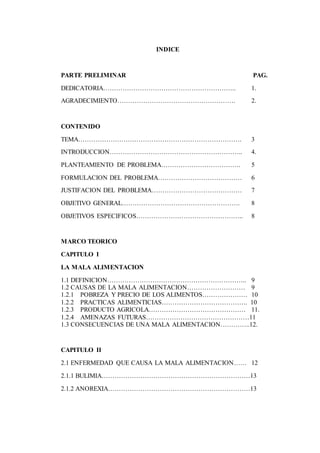 INDICE
PARTE PRELIMINAR PAG.
DEDICATORIA…………………………………………………….. 1.
AGRADECIMIENTO………………………………………………. 2.
CONTENIDO
TEMA…………………………………………………………………. 3
INTRODUCCION…………………………………………………….. 4.
PLANTEAMIENTO DE PROBLEMA………………………………. 5
FORMULACION DEL PROBLEMA………………………………… 6
JUSTIFACION DEL PROBLEMA…………………………………… 7
OBJETIVO GENERAL………………………………………………. 8
OBJETIVOS ESPECIFICOS………………………………………….. 8
MARCO TEORICO
CAPITULO I
LA MALA ALIMENTACION
1.1 DEFINICION……………………………………………………….. 9
1.2 CAUSAS DE LA MALA ALIMENTACION……………………… 9
1.2.1 POBREZA Y PRECIO DE LOS ALIMENTOS………………… 10
1.2.2 PRACTICAS ALIMENTICIAS…………………………………. 10
1.2.3 PRODUCTO AGRICOLA……………………………………… 11.
1.2.4 AMENAZAS FUTURAS…………………………………………11
1.3 CONSECUENCIAS DE UNA MALA ALIMENTACION…………..12.
CAPITULO II
2.1 ENFERMEDAD QUE CAUSA LA MALA ALIMENTACION…… 12
2.1.1 BULIMIA……………………………………………………………13
2.1.2 ANOREXIA…………………………………………………………13
 