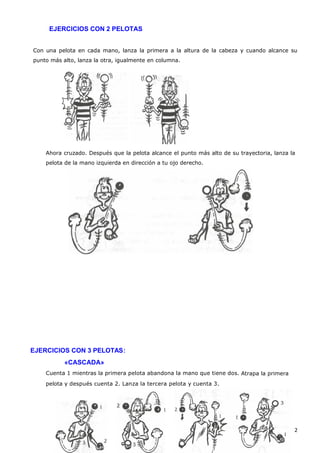 EJERCICIOS CON 2 PELOTAS


Con una pelota en cada mano, lanza la primera a la altura de la cabeza y cuando alcance su
punto más alto, lanza la otra, igualmente en columna.




    Ahora cruzado. Después que la pelota alcance el punto más alto de su trayectoria, lanza la
    pelota de la mano izquierda en dirección a tu ojo derecho.




EJERCICIOS CON 3 PELOTAS:
           «CASCADA»
    Cuenta 1 mientras la primera pelota abandona la mano que tiene dos. Atrapa la primera
    pelota y después cuenta 2. Lanza la tercera pelota y cuenta 3.




                                                                                             2
 