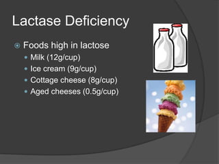 Lactase DeficiencyFoods high in lactoseMilk (12g/cup)Ice cream (9g/cup)Cottage cheese (8g/cup)Aged cheeses (0.5g/cup)