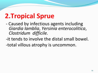 2.Tropical Sprue 
- Caused by infectious agents including 
Giardia lamblia, Yersinia enterocolitica, 
Clostridum difficile. 
-it tends to involve the distal small bowel. 
-total villous atrophy is uncommon. 
14 
 