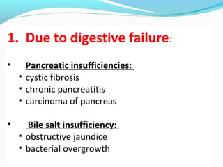 5 
1. Due to digestive failure: 
• Pancreatic insufficiencies: 
• cystic fibrosis 
• chronic pancreatitis 
• carcinoma of pancreas 
• Bile salt insufficiency: 
• obstructive jaundice 
• bacterial overgrowth 
 