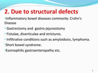2. Due to structural defects: 
•Inflammatory bowel diseases commonly: Crohn's 
Disease 
• Gastrectomy and gastro-jejunostomy 
• Fistulae, diverticulae and strictures. 
• Infiltrative conditions such as amyloidosis, lymphoma. 
•Short bowel syndrome. 
•Eosinophilic gastroenteropathy etc. 
6 
 