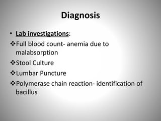 Diagnosis
• Lab investigations:
Full blood count- anemia due to
malabsorption
Stool Culture
Lumbar Puncture
Polymerase chain reaction- identification of
bacillus
 