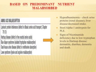BASED ON PREDOMINANT NUTRIENT
MALABSORBED
 Hypoalbuminemia – check urine
proteins (renal disease), liver
disease/decreased intake.
 Stool Alpha-1 antitrypsin for
PLE.
 Signs of Nicotinamide
deficiency due to low tryptophan
levels in Hartnup disease:
dermatitis, diarrhea, dementia
and death.
 