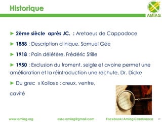 ► 2ème siècle après JC. : Aretaeus de Cappadoce
► 1888 : Description clinique, Samuel Gée
► 1918 : Pain délétère, Frédéric Stille
► 1950 : Exclusion du froment, seigle et avoine permet une
amélioration et la réintroduction une rechute, Dr. Dicke
► Du grec « Koilos » : creux, ventre,
cavité
Historique
10www.amiag.org asso.amiag@gmail.com Facebook/Amiag Casablanca
 