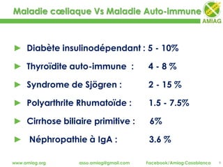 ► Diabète insulinodépendant : 5 - 10%
► Thyroïdite auto-immune : 4 - 8 %
► Syndrome de Sjögren : 2 - 15 %
► Polyarthrite Rhumatoïde : 1.5 - 7.5%
► Cirrhose biliaire primitive : 6%
► Néphropathie à IgA : 3.6 %
Maladie cœliaque Vs Maladie Auto-immune
9www.amiag.org asso.amiag@gmail.com Facebook/Amiag Casablanca
 