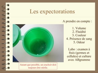 Les expectorations A prendre en compte : 1. Volume 2. Fluidité 3. Couleur 4. Présence de sang 5. Odeur Labo : examen à frais (germes et cellules) et culture avec ABgramme Autant que possible, un crachoir doit toujours être stérile. 