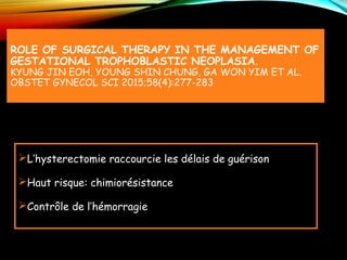 ROLE OF SURGICAL THERAPY IN THE MANAGEMENT OF
GESTATIONAL TROPHOBLASTIC NEOPLASIA.
KYUNG JIN EOH, YOUNG SHIN CHUNG, GA WON YIM ET AL.
OBSTET GYNECOL SCI 2015;58(4):277-283
L’hysterectomie raccourcie les délais de guérison
Haut risque: chimiorésistance
Contrôle de l’hémorragie
 