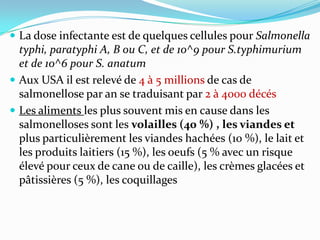  La dose infectante est de quelques cellules pour Salmonella
  typhi, paratyphi A, B ou C, et de 10^9 pour S.typhimurium
  et de 10^6 pour S. anatum
 Aux USA il est relevé de 4 à 5 millions de cas de
  salmonellose par an se traduisant par 2 à 4000 décés
 Les aliments les plus souvent mis en cause dans les
  salmonelloses sont les volailles (40 %) , les viandes et
  plus particulièrement les viandes hachées (10 %), le lait et
  les produits laitiers (15 %), les oeufs (5 % avec un risque
  élevé pour ceux de cane ou de caille), les crèmes glacées et
  pâtissières (5 %), les coquillages
 