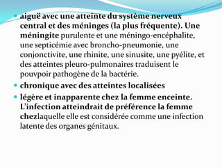  aiguë avec une atteinte du système nerveux
  central et des méninges (la plus fréquente). Une
  méningite purulente et une méningo-encéphalite,
  une septicémie avec broncho-pneumonie, une
  conjonctivite, une rhinite, une sinusite, une pyélite, et
  des atteintes pleuro-pulmonaires traduisent le
  pouvpoir pathogène de la bactérie.
 chronique avec des atteintes localisées
 légère et inapparente chez la femme enceinte.
  L’infection atteindrait de préférence la femme
  chezlaquelle elle est considérée comme une infection
  latente des organes génitaux.
 