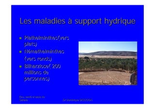 Eau, santEau, santéé et oasis duet oasis du
SaharaSahara .Dr Dominique SASSOON..Dr Dominique SASSOON.
Les maladiesLes maladies àà support hydriquesupport hydrique
Plathelminthes(versPlathelminthes(vers
plats)plats)
NNéémathelminthesmathelminthes
(vers ronds)(vers ronds)
Bilharziose( 200Bilharziose( 200
millions demillions de
personnes)personnes)
 