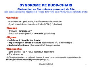 SYNDROME DE BUDD-CHIARI
Obstruction au flux veineux provenant du foie
(des petites veines intra-hépatiques à l’entrée de la veine cave inférieure dans l’oreillette droite)
•Eliminer 
- Cardiopathie : péricardite, insuffisance cardiaque droite 
- Syndrome d’obstruction sinusoïdale (SOS) (cf plus bas)
•Causes 
- Primaire : thrombose (1) 
- Secondaire (compression tumorale, parasitose)
•Signes 
- Indolence à hépatite fulminante 
- Hépatomégalie, ascite, douleurs abdominales, VO et hémorragie 
- Nodules hépatiques, plus souvent bénins que malins
•Diagnostic 
- Echo-doppler (Se > 75%), opérateur-dépendant 
- IRM et scanner
1) Etiologies proches de celles du tableau 1, avec cependant une place particulière de
l’hémoglobinurie nocturne paroxystique (20%)
7
Claude EUGENE
 