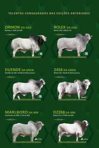 TALENTOS CONSAGRADOS NAS EDIÇÕES ANTERIORES
ORMON DA EAO ROLEX DA EAO
Neval EAO x Bitelo DSBackup x 1646 da MN
20142013
D2268 DA MNMARLBORO DA MN
Bitelo DS x C7439 da MNCachimbo da MN x C78 da MN
20142013
2014
DUENDE DA GREN.
Tecelão da SM x Nadã da Bonsucesso
2013
2456 DA GREN.
Bitelo DS x Nadã da Bonsucesso
 