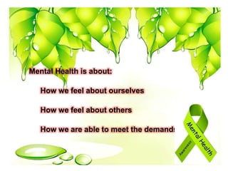 Mental Health is about:
How we feel about ourselves
How we feel about others
How we are able to meet the demands of life
 
