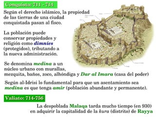 Se denomina medina a un 
núcleo urbano con murallas, 
mezquita, baños, zoco, alhóndiga y Dar al Imara (casa del poder)
Según al­Idrisi lo fundamental para que un asentamiento sea 
medina es que tenga amir (población abundante y permanente).
Según el derecho islámico, la propiedad 
de las tierras de una ciudad 
conquistada pasan al fisco.  
La población puede 
conservar propiedades y 
religión como dimníes 
(protegidos), tributando a 
la nueva administración.
La despoblada Malaqa tarda mucho tiempo (en 930) 
en adquirir la capitalidad de la kura (distrito) de Rayya
Valiato: 714­756 Valiato: 714­756 
Conquista: 711 ­ 714Conquista: 711 ­ 714
 