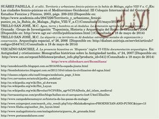 SUÁREZ PADILLA, J. et allii. Territorio y urbanismo fenicio­púnico en la bahía de Málaga, siglos VIII­V a. C. En: 
Las ciudades fenicio­púnicas en el Mediterráneo Occidental: III Coloquio Internacional del Centro de 
Estudios Fenicios y Púnicos, 2003, págs. 209­232 [Disponible en: 
https://www.academia.edu/2947226/Territorio_y_urbanismo_fenicio­
punico_en_la_Bahia_de_Malaga._Siglos_VIII­V_a.C] (Consultado 31/mayo/2014)
TRILLO SAN JOSÉ, M.C. Agua, tierra y hombres en al­Andalus. La dimensión agrícola del mundo nazarí . 
Granada : Grupo de Investigación "Toponimia, Historia y Arqueología del Reino de Granada", 2004 
[Disponible en: http://www.ugr.es/~ctrillo/publicaciones.html ] (Consultado a 18 de mayo de 2014)
TRILLO SAN JOSÉ, M.C. La alquería y su territorio en Al­Andalus: estrategias sociales de organización y 
conservación. Arqueología espacial, nº 26, 2006  [Disponible en: http://dialnet.unirioja.es/servlet/articulo?
codigo=2544741] (Consultado a 18 de mayo de 2014)
VIZCAÍNO SÁNCHEZ, J. La presencia bizantina en "Hispania" (siglos VI­VII)la documentación arqueológica. En: 
Antigüedad y cristianismo: Monografías históricas sobre la Antigüedad tardía, nº 24, 2007 [Disponible en: 
 http://www.um.es/cepoat/biblioteca/product_info.php?products_id=541] (Consultado a 18 mayo de 2014)
http://www.slideshare.net/Bezmiliana/
http://amodelcastillo.blogspot.com.es/2014/05/la­espada­jineta.html
http://biombohistorico.blogspot.com.es/2011/10/el­islam­la­civilizacion­del­agua.html
http://classes.colgate.edu/osafi/images/andalusia_page_3.htm
http://cvc.cervantes.es/actcult/jardin_andalusi/
http://es.wikipedia.org/wiki/Ibn_al­Awwam
http://es.wikipedia.org/wiki/Ibn_Luyun
http://es.wikipedia.org/wiki/Revoluci%C3%B3n_agr%C3%ADcola_del_islam_medieval
http://terraeantiqvae.com/profiles/blogs/hallan­en­el­aeropuerto­los#.U4mUZIazDzo
http://www.campodebenamayor.es/historia­de­las­pasas­de­malaga/
http://www.coinproject.com/search_city_result.php?city=Malaka&region=PHOENICIAN­AND­PUNIC&type=13
http://www.filaha.org/author_ibn_luyun.html
http://www.malagahistoria.com/malagahistoria/guerra_de_granada.html
http://www.poetasandaluces.com/
 