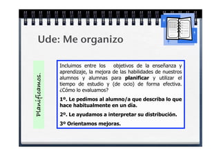 Ude: Me organizo

                Incluimos entre los    objetivos de la enseñanza y
                aprendizaje, la mejora de las habilidades de nuestros
Planificamos.




                alumnos y alumnas para planificar y utilizar el
                tiempo de estudio y (de ocio) de forma efectiva.
                ¿Cómo lo evaluamos?
                1º. Le pedimos al alumno/a que describa lo que
                hace habitualmente en un día.
                2º. Le ayudamos a interpretar su distribución.
                3º Orientamos mejoras.
 