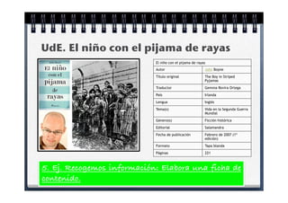 UdE. El niño con el pijama de rayas
                            El niño con el pijama de rayas
                            Autor                        John Boyne
                            Título original              The Boy in Striped
                                                         Pyjamas
                            Traductor                    Gemma Rovira Ortega
                            País                         Irlanda
                            Lengua                       Inglés
                            Tema(s)                      Vida en la Segunda Guerra
                                                         Mundial
                            Género(s)                    Ficción histórica
                            Editorial                    Salamandra
                            Fecha de publicación         Febrero de 2007 (1ª
                                                         edición)
                            Formato                      Tapa blanda
                            Páginas                      221



5. Ej. Recogemos información: Elabora una ficha de
contenido.
 
