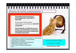 Procesos de revisión y autoevaluación. 5


 •      Estrategias de aprendizaje y
        autorregulación. Aprender a
        aprender
 •      Conocimiento de las propias
        capacidades y motivaciones. Aprender
        a aprender
 •      Conocimiento y confianza en uno
        mismo. Conocimiento y control de
        las propias emociones. Autonomía
        e iniciativa personal.


 • Identificación y desarrollo de intereses y motivaciones.
 • Juicio sobre el esfuerzo y el conocimiento.
 • Estimación de resultados.                                  Incorporar aprendizajes
 • Identificación y control de interferencias.
 • Definición de logros y límites.                             de todas las CCBB   .
 • Juicio sobre el estilo de aprendizaje.
 • Etc.                                                        Inventarios-OdE
 