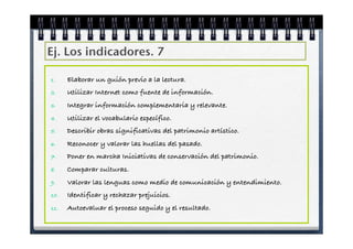 Ej. Los indicadores. 7

1.    Elaborar un guión previo a la lectura.
2.    Utilizar Internet como fuente de información.
3.    Integrar información complementaria y relevante.
4.    Utilizar el vocabulario específico.
5.    Describir obras significativas del patrimonio artístico.
6.    Reconocer y valorar las huellas del pasado.
7.    Poner en marcha Iniciativas de conservación del patrimonio.
8.    Comparar culturas.
9.    Valorar las lenguas como medio de comunicación y entendimiento.
10.   Identificar y rechazar prejuicios.
11.   Autoevaluar el proceso seguido y el resultado.
 
