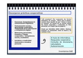 Incorporar prácticas cooperativas


                                      “¿El examen? Por supuesto de forma
                                      individual. Es curioso… ahora que lo pienso,
  •   Conversar. Competencia en       cuando dices aquello de que “vamos a hacer
      comunicación lingüística.       un examen” en menos de un minuto tienes
                                      las mesas separadas y ordenadas en filas
  •   Comunicación social y           perfectas, sin ningún tipo de jolgorio”.
      aprendizaje cooperativo.
      Tratamiento de la información   Citado por SALINAS, DINO (2002). ¡Mañana
      y competencia digital.          examen! La evaluación: entre la teoría y la
                                      realidad. Graó
  •   Relaciones personales,
      Empatía y Trabajo
      cooperativo. Competencia
      social y ciudadana.                           El Aula de informática.
  •   Iniciativa y creatividad.
      Autonomía e iniciativa
      personal.
                                        9           Respuesta cooperativa
                                                    Consulta de diccionario,
                                                    calculadora
                                                    Autocorrección


                                                               Inventarios-OdE
 