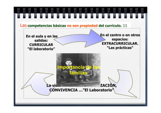 Las competencias básicas no son propiedad del currículo. 11

   En el aula y en las                      En el centro o en otros
         salidas:                                  espacios:
     CURRICULAR                              EXTRACURRICULAR.
    “El laboratorio”                            “Las prácticas”




                     Importancia de las
                         familias

               La vida del centro: ORGANIZACIÓN,
                CONVIVENCIA …”El Laboratorio”
 