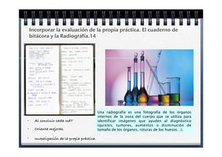 Incorporar la evaluación de la propia práctica. El cuaderno de
    bitácora y la Radiografía.14




                                             Una radiografía es una fotografía de los órganos
                                             internos de la zona del cuerpo que se utiliza para
•     Al concluir cada UdT                   identificar imágenes que ayuden al diagnóstico
                                             (quistes, tumores, aumentos o disminución de
•     Orienta mejoras.                       tamaño de los órganos, roturas de los huesos…).

•     Investigación de la propia práctica.
 