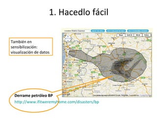 1. Hacedlo fácil Derrame petróleo BP http ://www.ifitweremyhome.com/disasters/bp   También en sensibilización: visualización de datos 