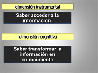 Saber acceder a la información  dimensión instrumental Saber transformar la información en conocimiento dimensión cognitiva 