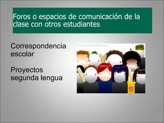 Foros o espacios de comunicación de la clase con otros estudiantes Correspondencia escolar Proyectos segunda lengua 